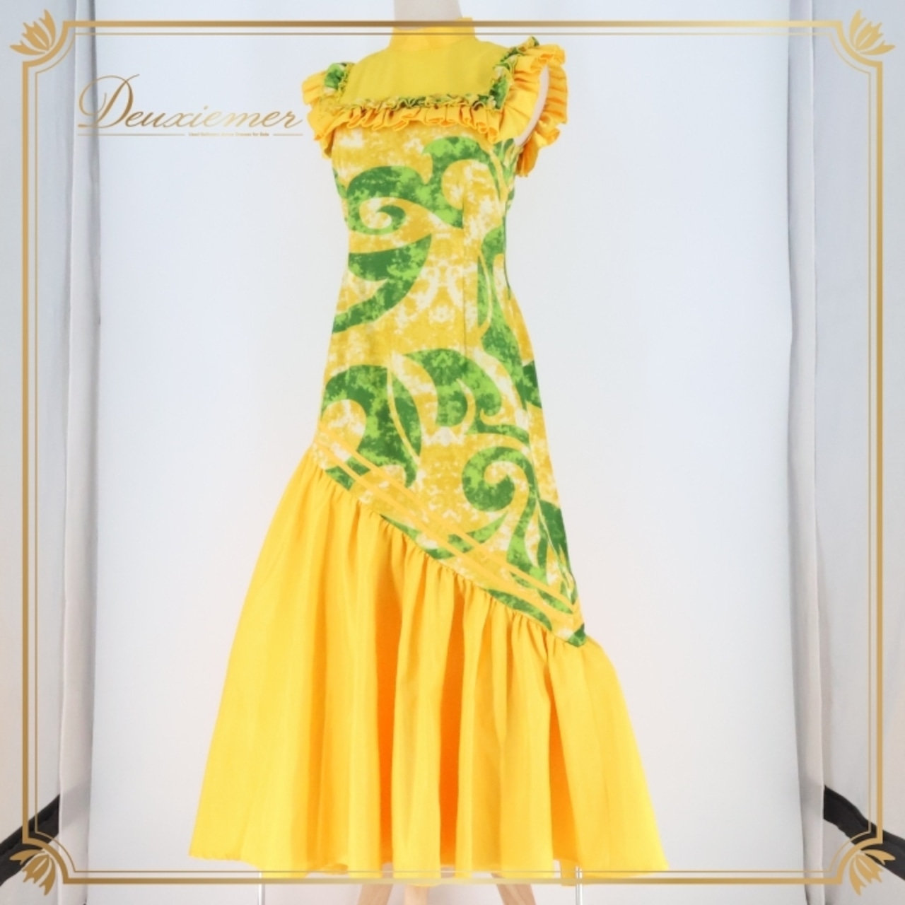 フラダンス 衣装 ワンピース ドレス ココエミリー イエロー系 CoCoEmily ハイネック フリル ノースリーブ かわいい 華やか 鮮やか 明るい 黄 緑 ハワイアン アロハ ハワイアンプリント フラ ダンス レッスン 練習 おしゃれ スタイリッシュ