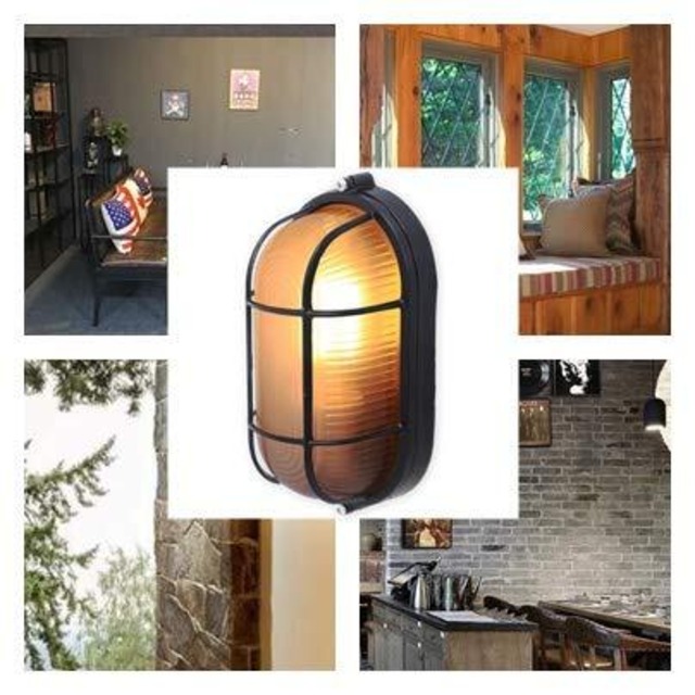 【新着商品】(アウプル) 壁掛け照明 マリンランプ レトロ インダストリアル デザイン ヴィンテージ アンティーク (黒 × 曇ガラス)