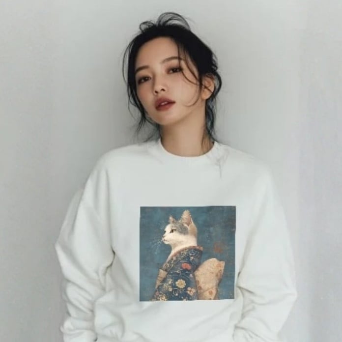 「凛と佇む、花模様の麗しき江戸猫」ロンT リブ付/ "A dignified Edo cat with a beautiful floral pattern" sweatshirt with ribbing