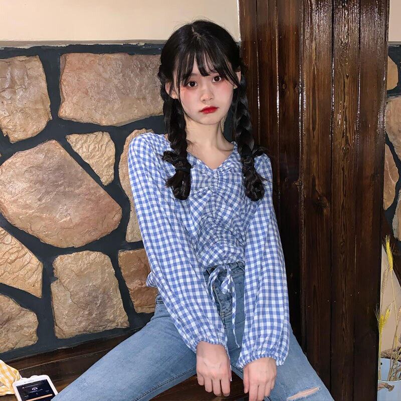 シャツ スプリングルーズ薄手格子柄ギャザーブラウス ショートレディース ロング 春物 萌量不足23603024189