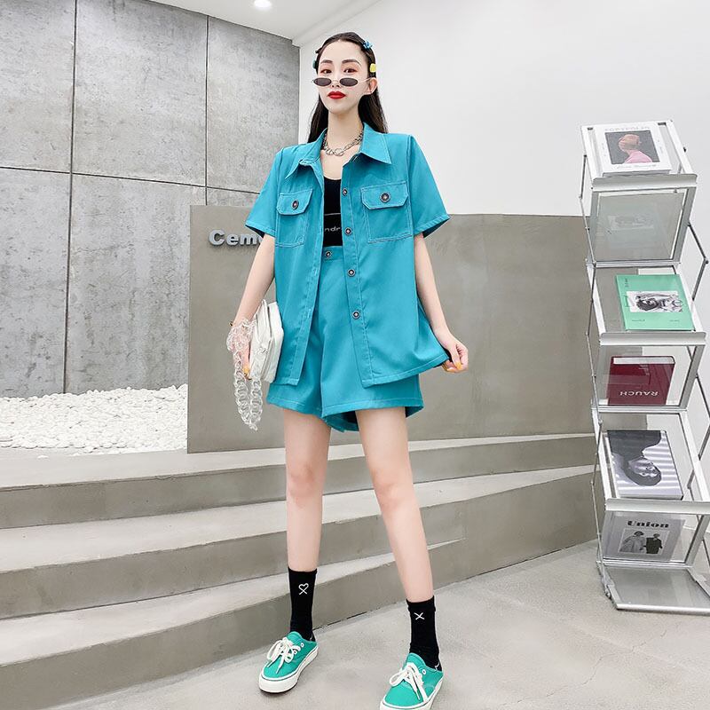 サマースタイルシャツ カラーダブルポケットラインショーツ 大きめサイズ 夏物 ブルマー ミックスインファッション60878103993