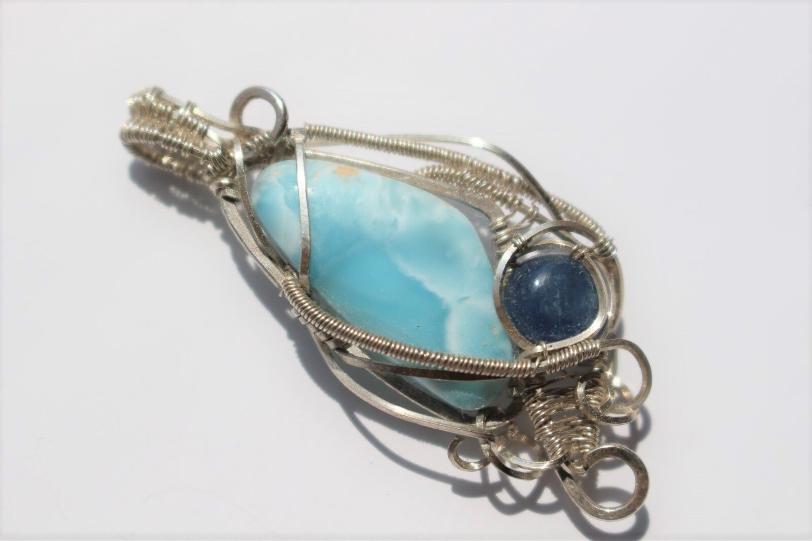 Larimar & Kyanite silver925 wirewrapping pendant