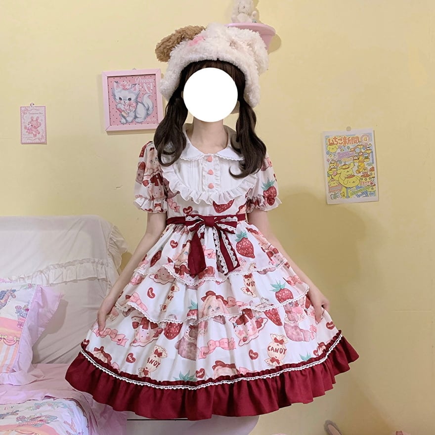 甘ロリ 半袖 strawberry Aライン 切替えスカート 甘め アイドル コン
