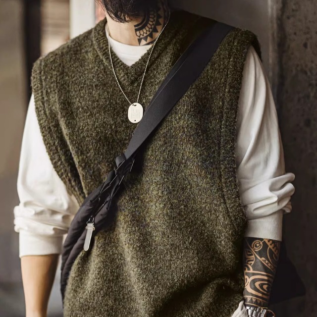 Workwear American Retro Knitted V-Neck Fleece Vest(GV016)