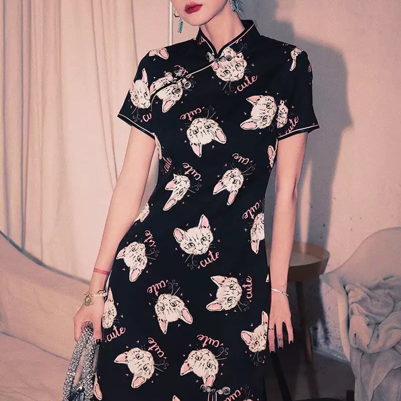 猫柄 チャイナドレス 】cat pattern black pink China mini dress one