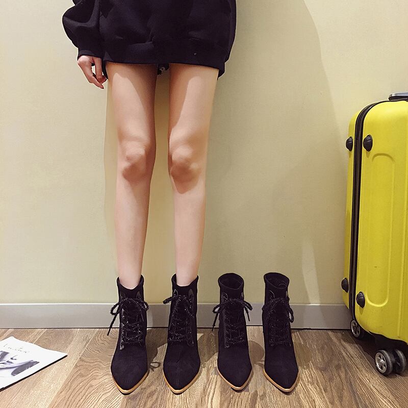 ストレッチブーツレディースレッドカジュアルハイヒールショートシングル 靴 シューズ エラスティック 伸縮 フェイクシューズ64840124384