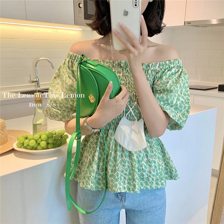 ブラウス サマースタイルプリーツスリムスリーブハイウェストウェストフローラルシャツ ランタンスリーブ 夏物 花柄 ビッグFスモールZ韓国84076016605