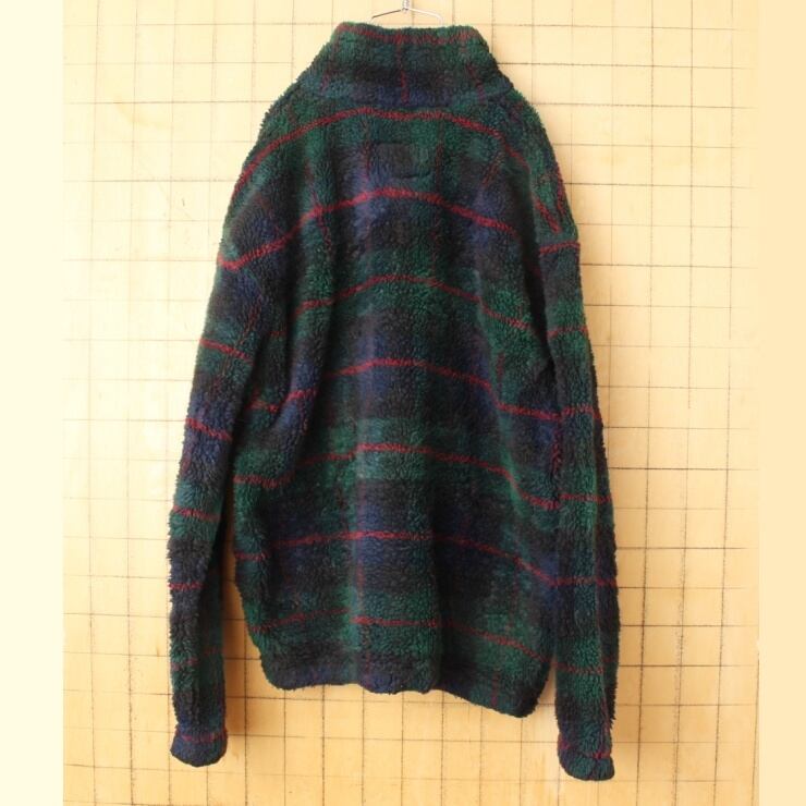 90s USA製 Woolrich チェック ボアフリース プルオーバー ジャケット メンズL グリーン アウトドア アメリカ古着010523aw35