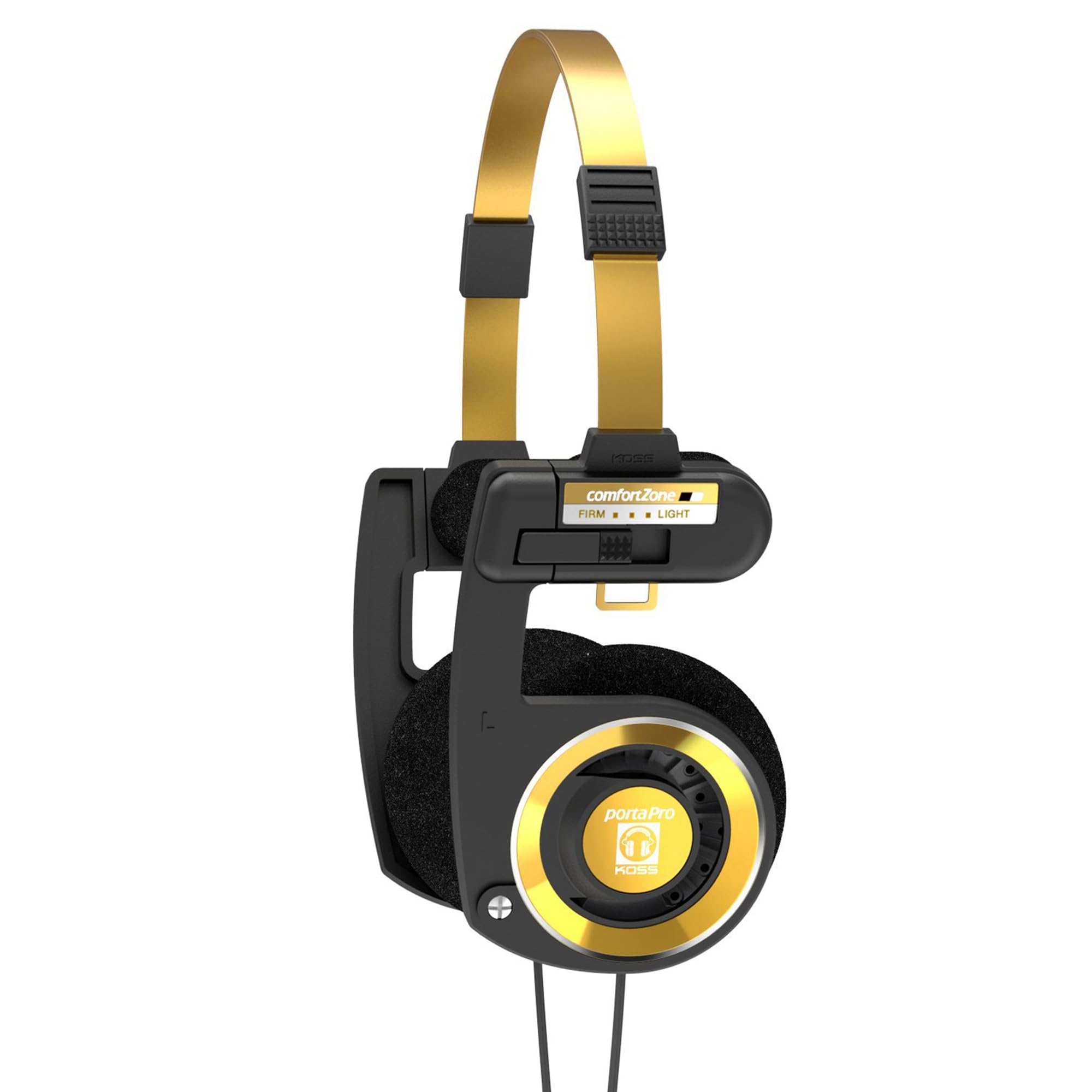 【在庫のみ】Koss Porta Pro 限定版ブラックゴールドオンイヤーヘッドフォン、インラインマイク、ボリュームコントロール、タッチリモコン、ハードキャリングケース付き、3.5mmプラグ付き有線、ブラックとゴールド。