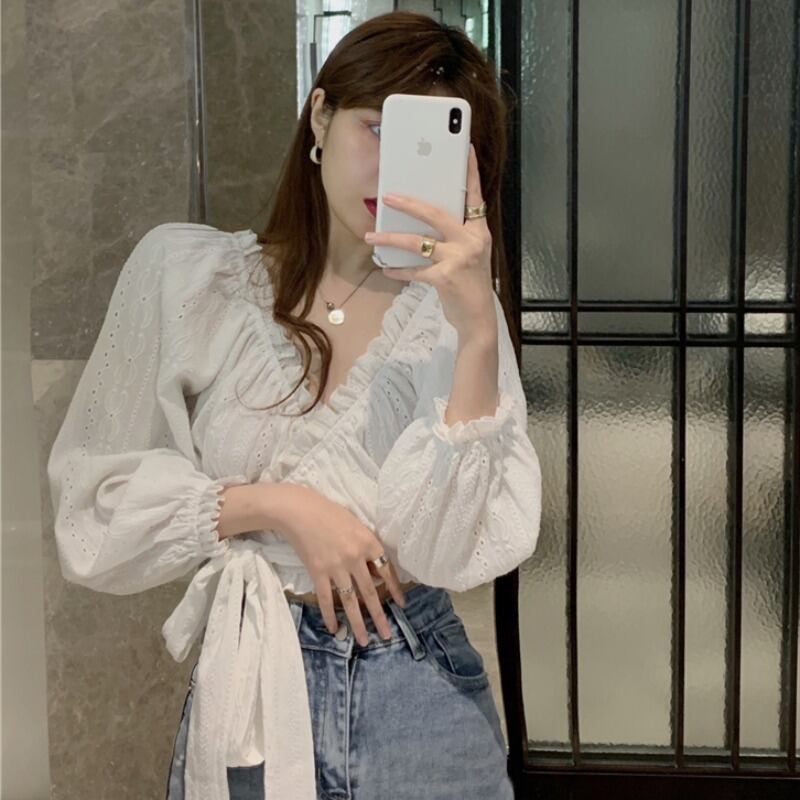 Vネックショートシャツ オータムスタイルレディース ロング 秋物 ハンチェンe32248552314