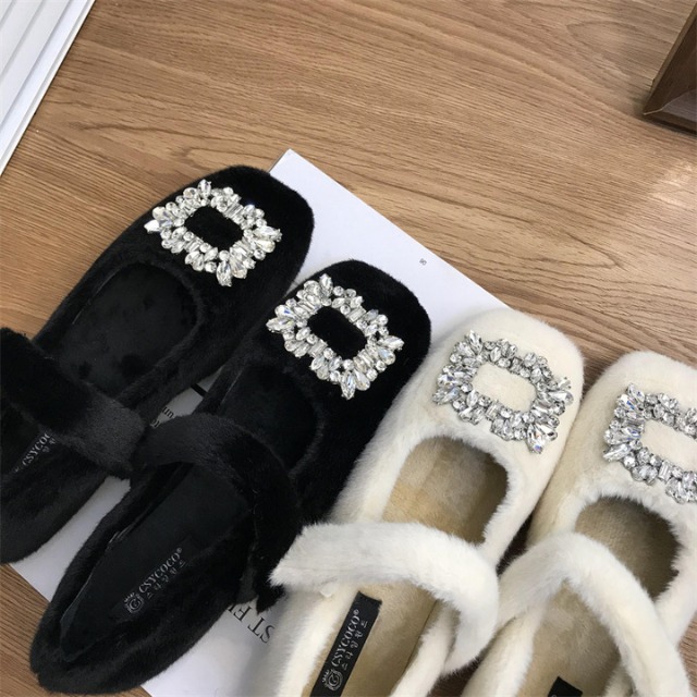 fur shoes with square bijou strap m1082