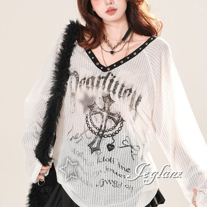 2色 メッシュ フェード クロス ロゴ 長袖 Tシャツ ロンT Vネック(MD299)γα