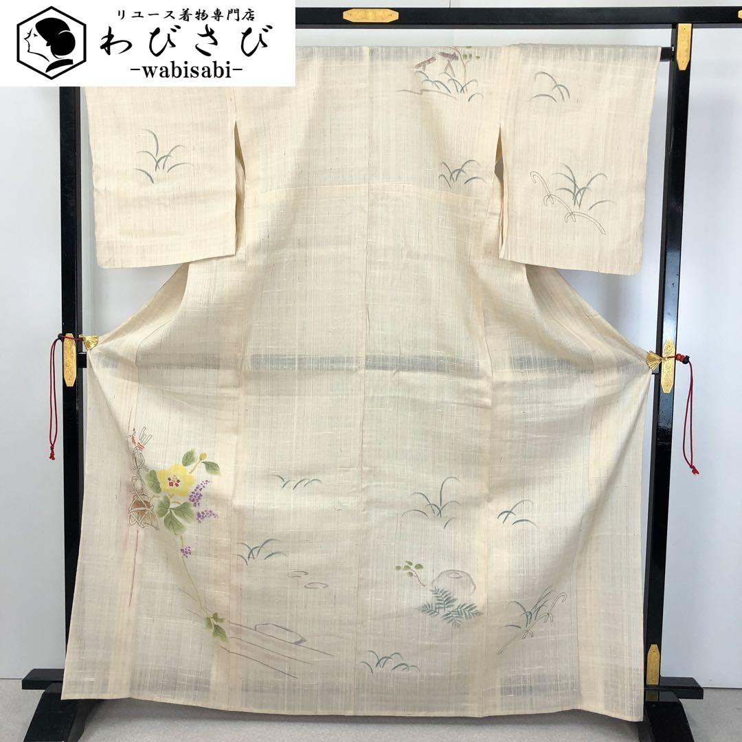 ☆ 夏着物 小紋 絽 縦縞模様 辻が花模様 卯の花色 トールサイズ K-5188 夏用絽訪問着 紫道長取りに辻が花 身長 154cm〜166cm位 レンタル 訪問
