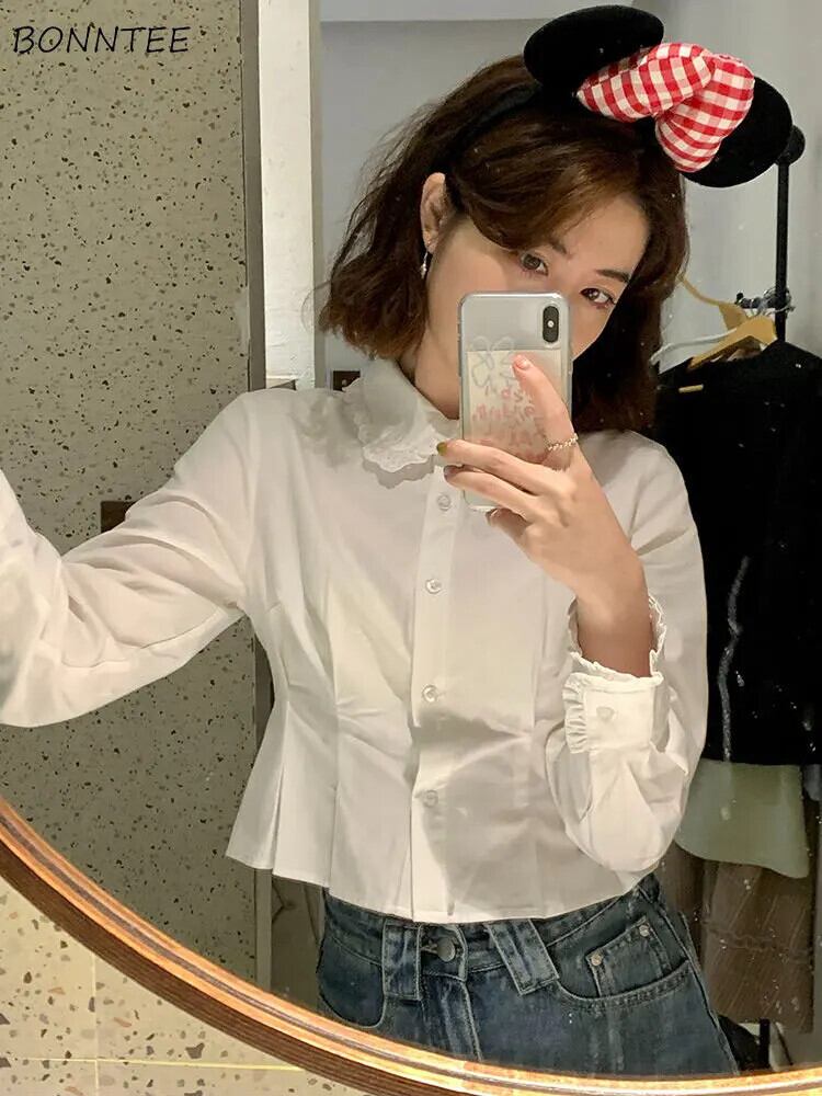 【新作】【送料無料】 シャツ女性スリム固体シックなレトロ韓国スタイルひだファッション春学生プレッピーカジュアルレディースかわいいエレガントなターンダウン襟 0288870324440