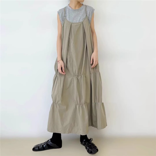 pleated suspender long dress 2colors【2024013102】