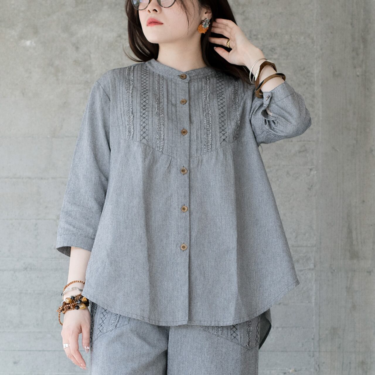 大人可愛い♡七分袖ピンタックフリルブラウス(26s-02)グレー