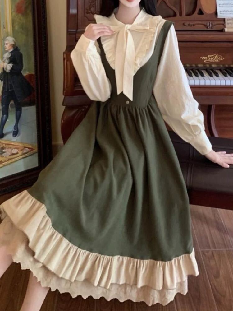 甘すぎない上品大人クラシカル リボンブラウス×クラシカルジャンスカセット 2点セット リボン フリル 大人可愛い 上品 清楚 レトロ クラシカル バイカラー ロング丈 お呼ばれ デート 脚長 体型カバー 大きいサイズ 韓国 CH11322