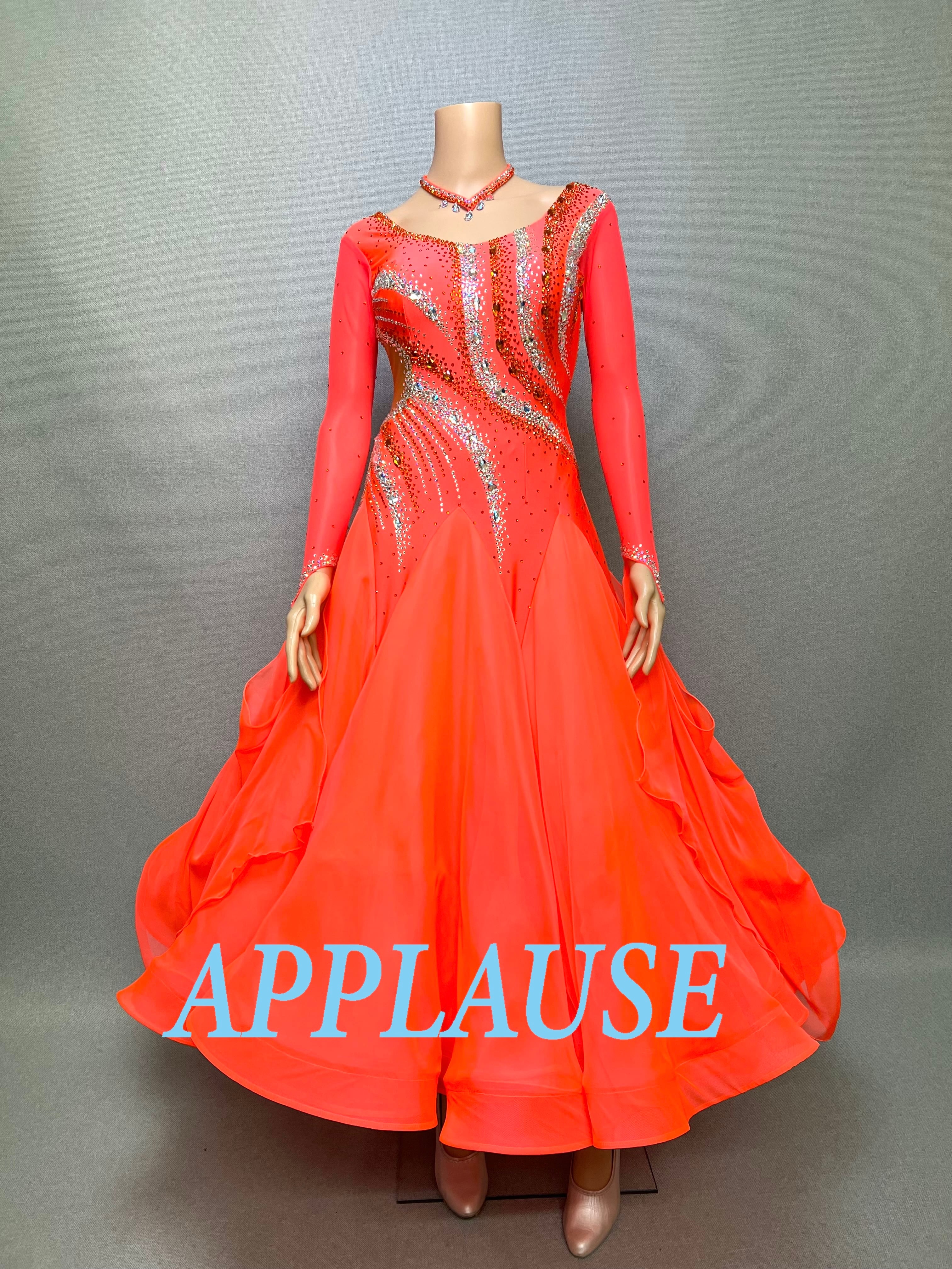 【新着】社交ダンス ドレス　モダン　スタンダード ドレス　ST-26-２　タンジェリンオレンジ　M〜L　デモ・競技用ドレス　発表会　衣装　パーティドレス　ワンピース　舞台衣装