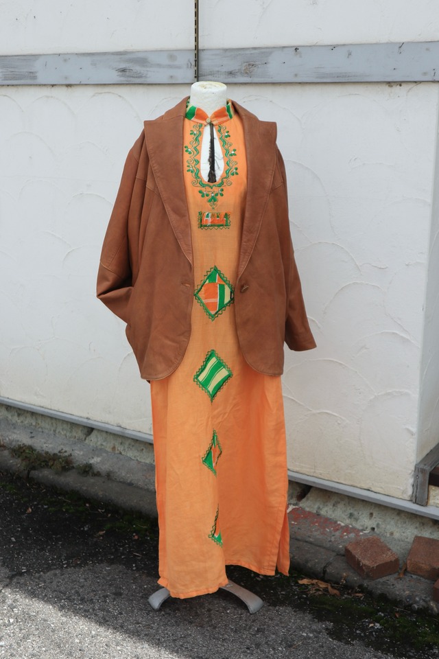 70s ethnic embroidery linen one-piece