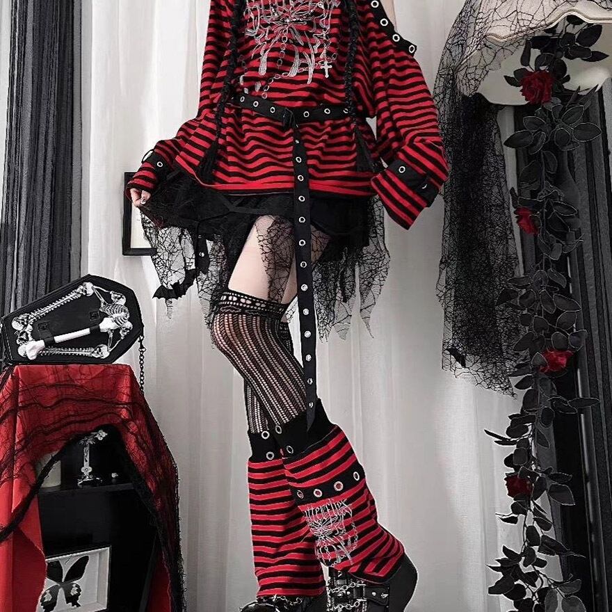 長袖トップス オフショルダー ボーダー パンク ロリパン 原宿スタイル