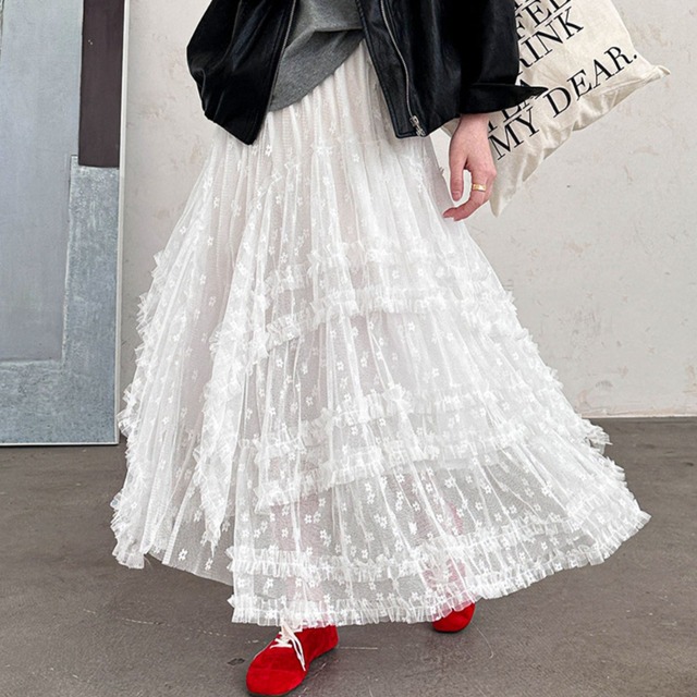 lace frill a-line long skirt J00315