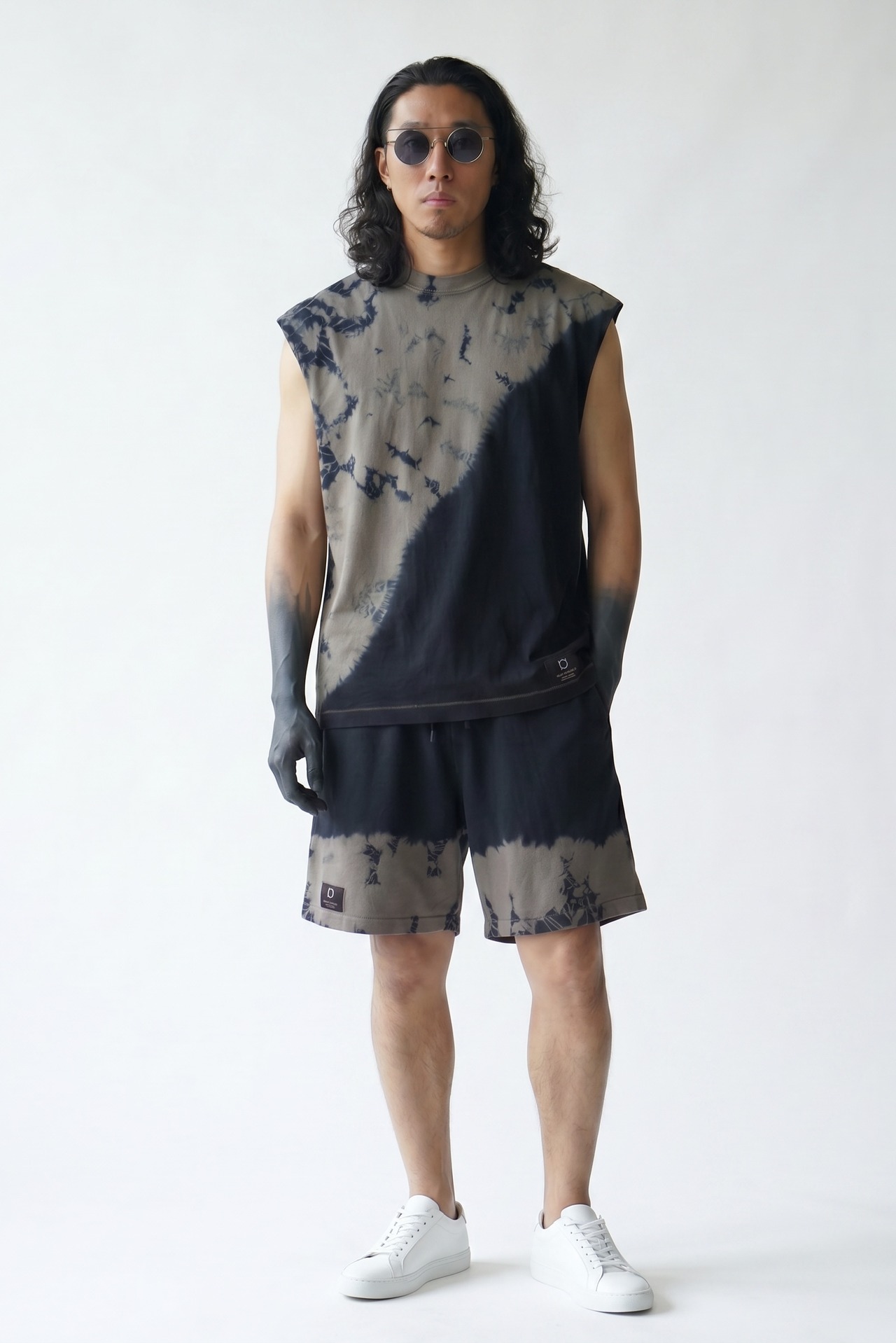 【セットアップ可】黒染めタイダイハーフパンツ カカオ60%