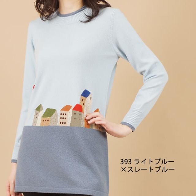 街並み柄ハイネックチュニック / カシミヤ100％