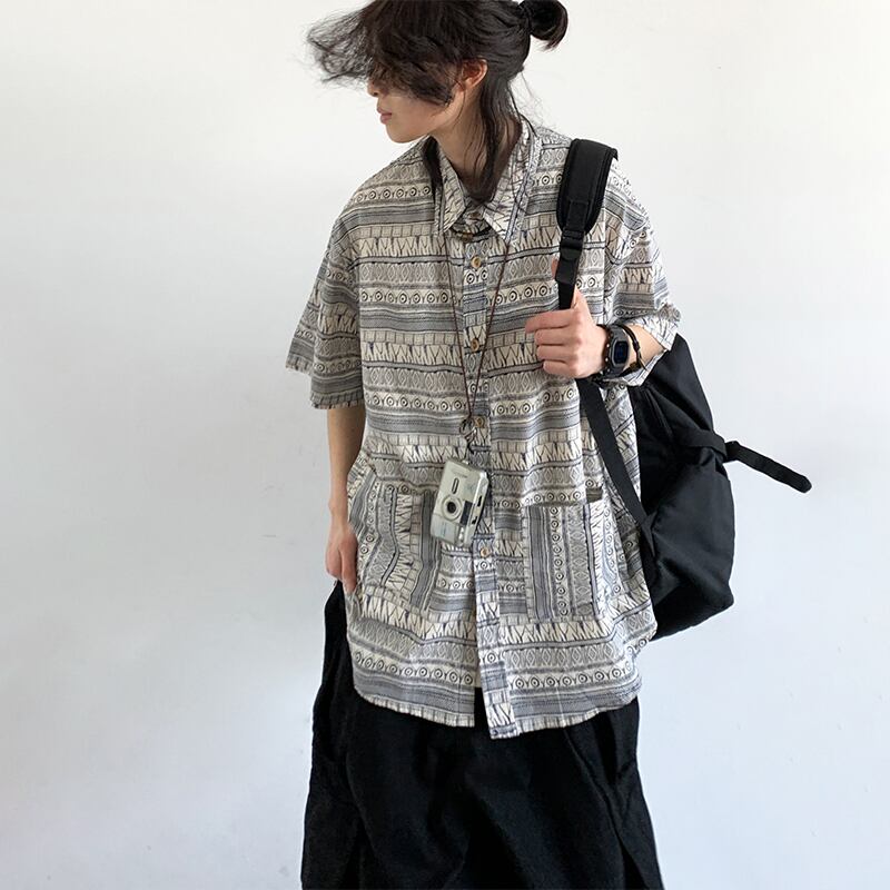 jiwuus民族調プリント半袖シャツ