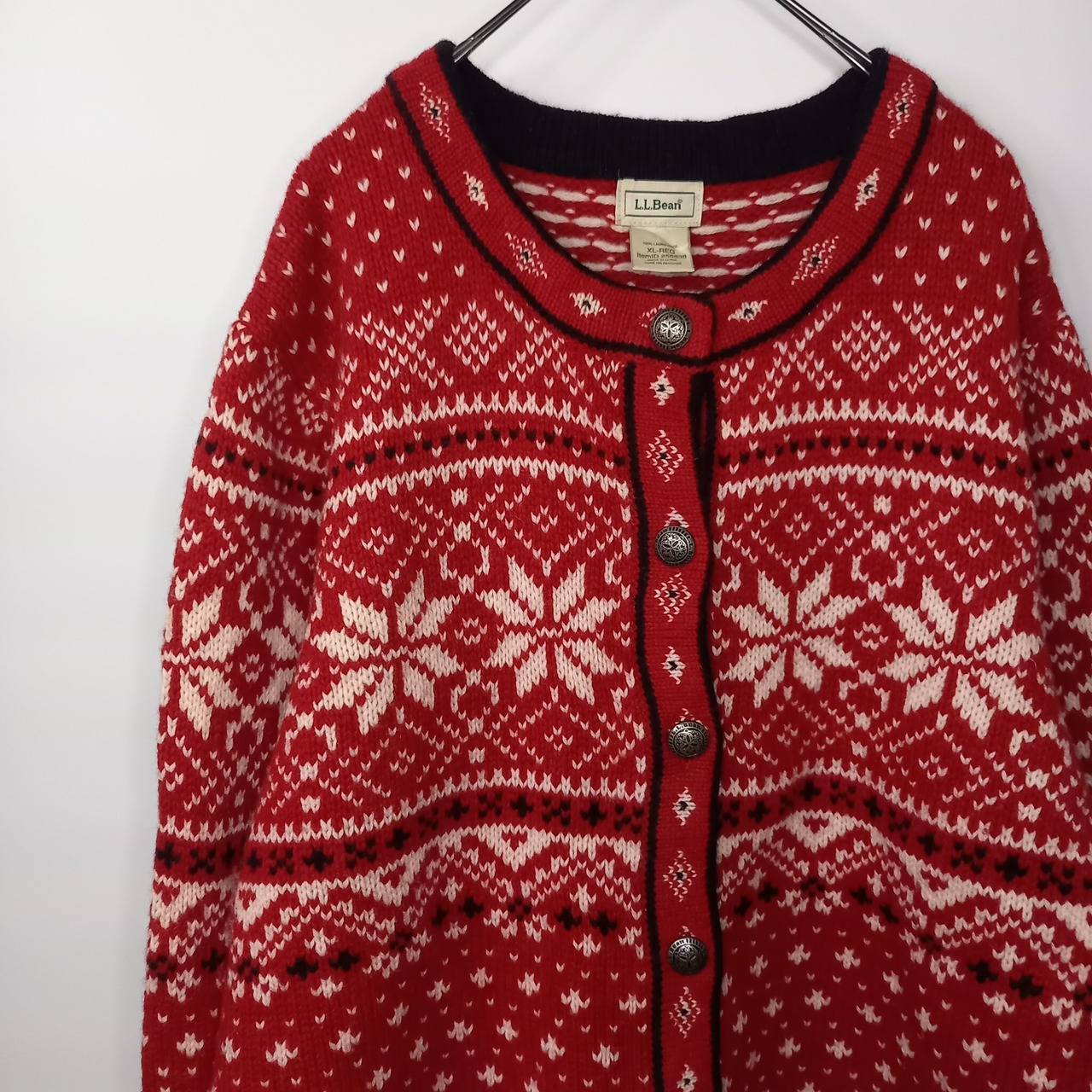 エルエルビーン　ラムウールニット　カーディガン　ノルディック　バーズアイ　レッド　赤　XL