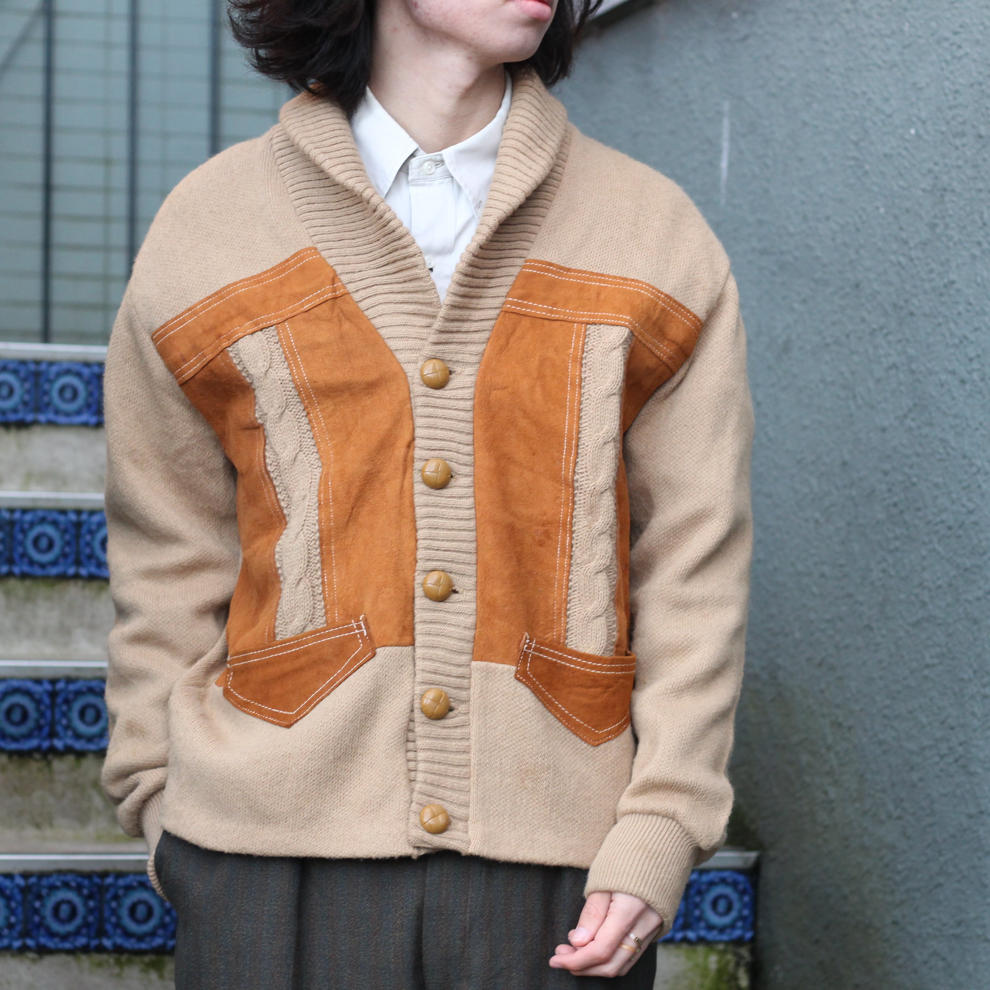 70's USA VINTAGE LEATHER KNIT CARDIGAN/70年代アメリカ古着レザー