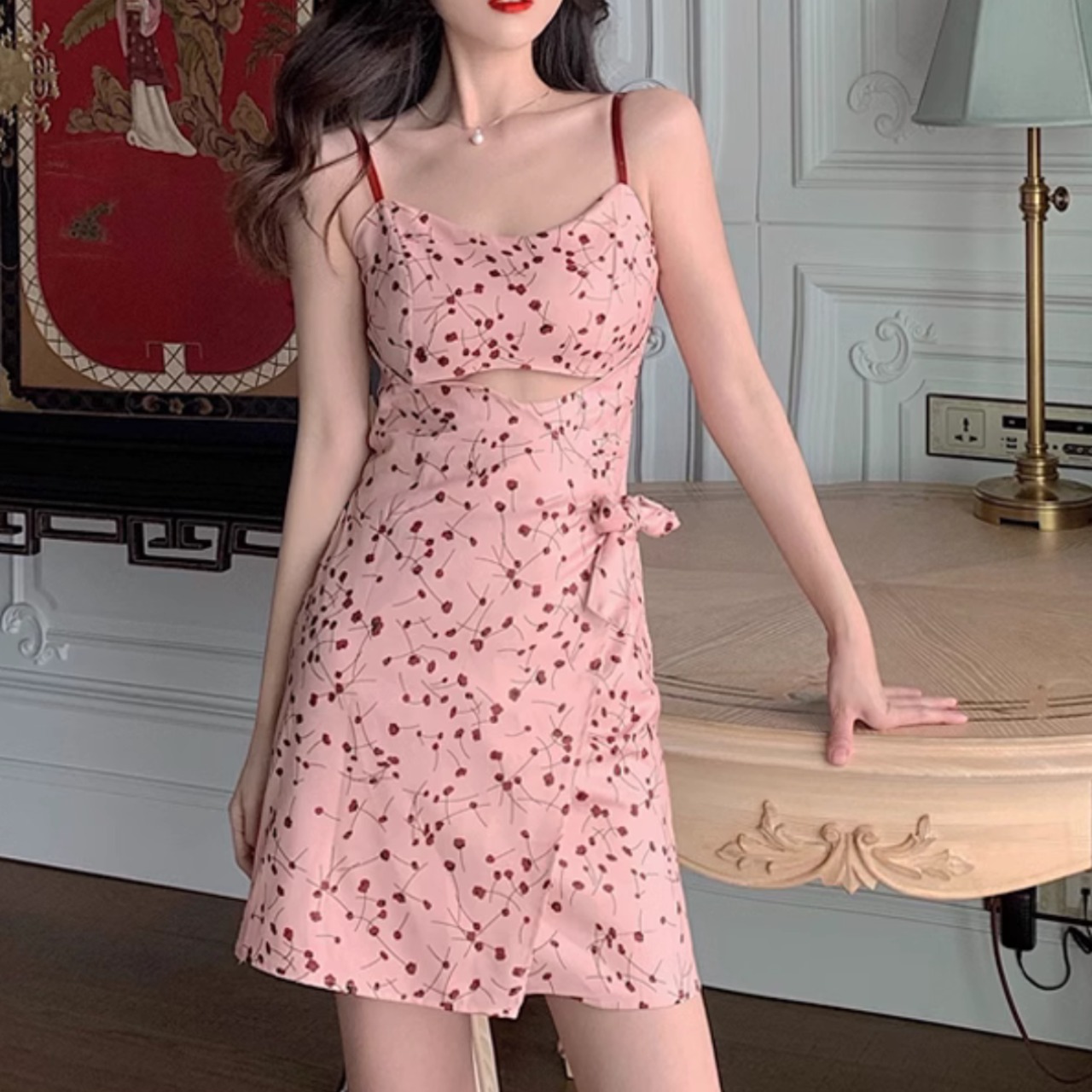 Pink Floral Spaghetti Strap Dress 5109