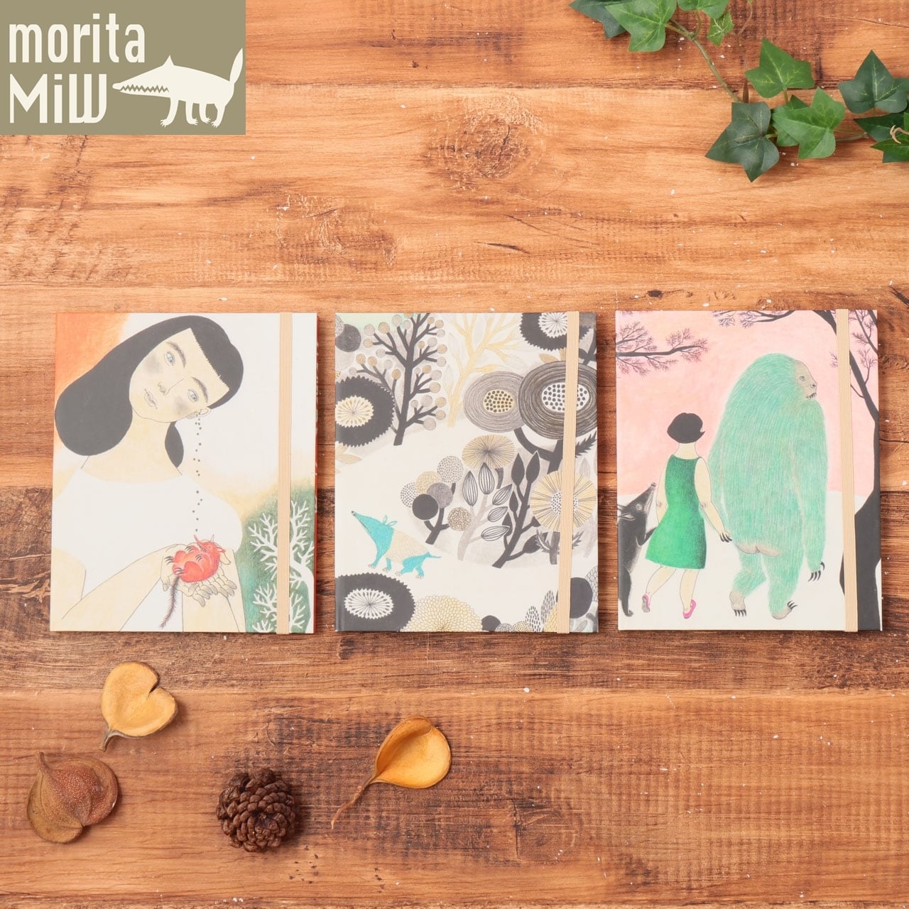 手帳 ノート メモ帳 ステーショナリー 無地 バンド付き しおり紐 morita MiW / 森田MiW × 楠橋紋織 コラボ ブランド 文具 イラスト アート 挿絵 おしゃれ かわいい お祝い ギフト プレゼント Kb027