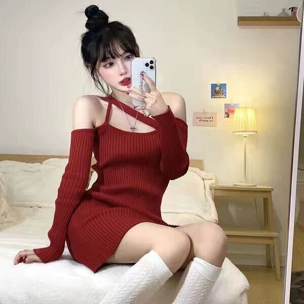 セクシーな赤いニットドレス女性春と秋の純粋な欲望のタイトな セクシーな赤いニットドレス女性春と秋の純粋な欲望のタイトな