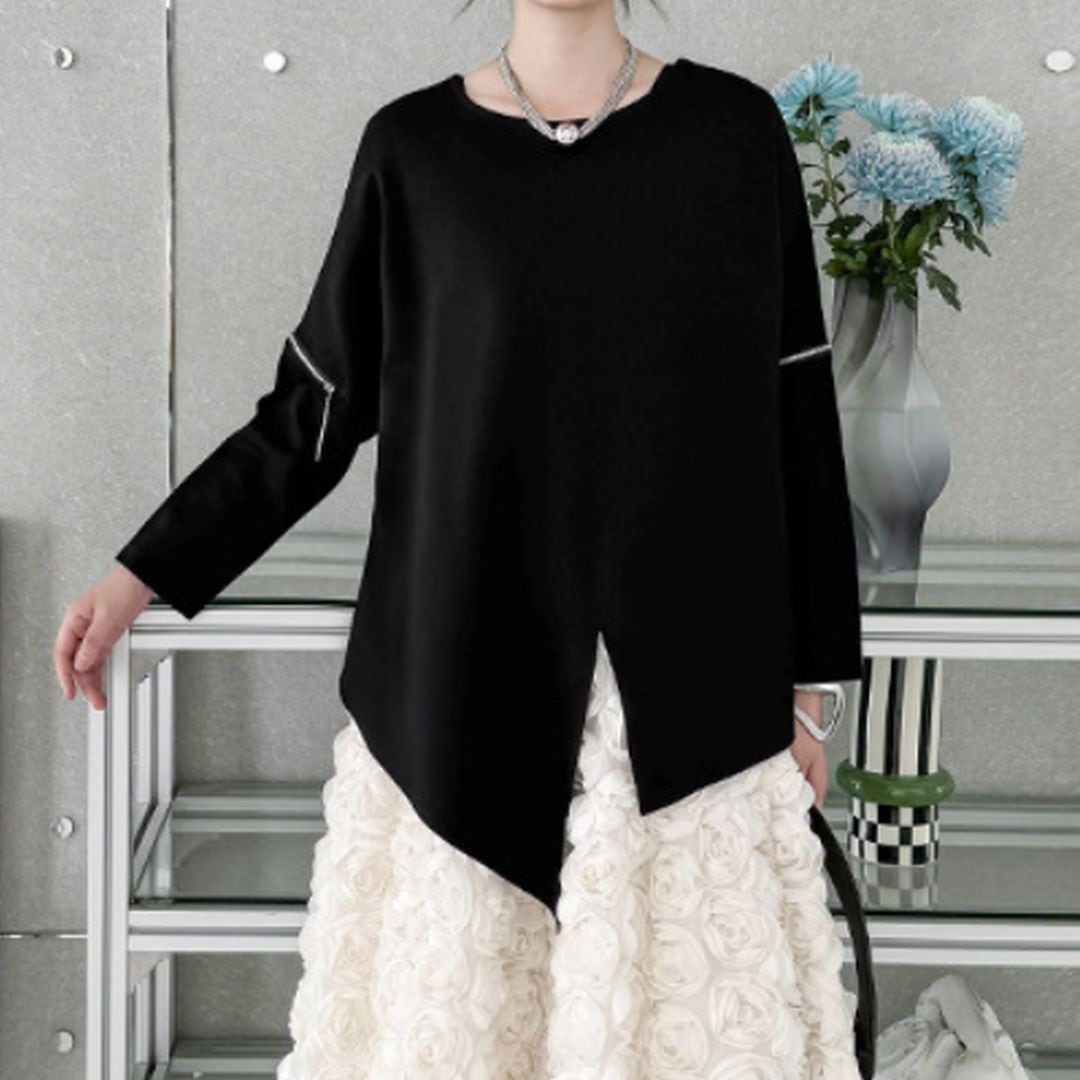 裾イレギュラー袖ジッパー付きルーズ長袖シャツ T0356