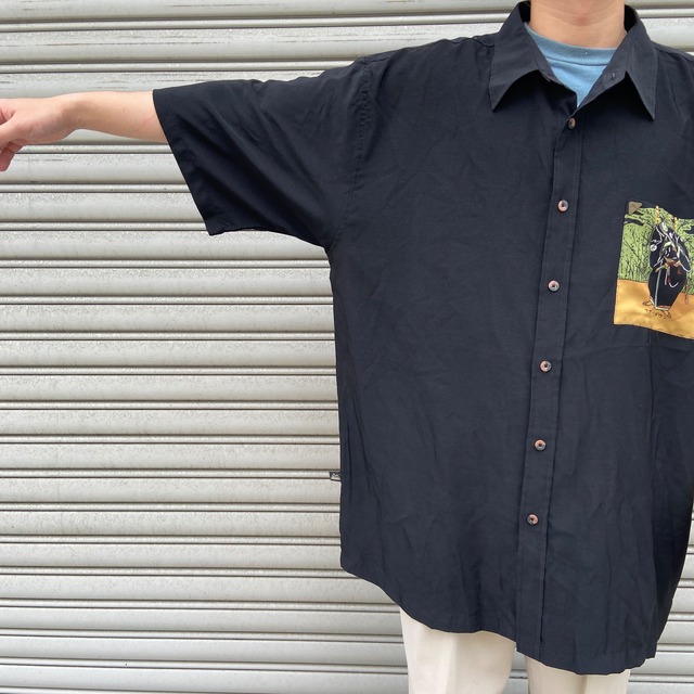 FIRST DOWN 和柄半袖シャツ 侍柄 ポリシャツ ブラック XL