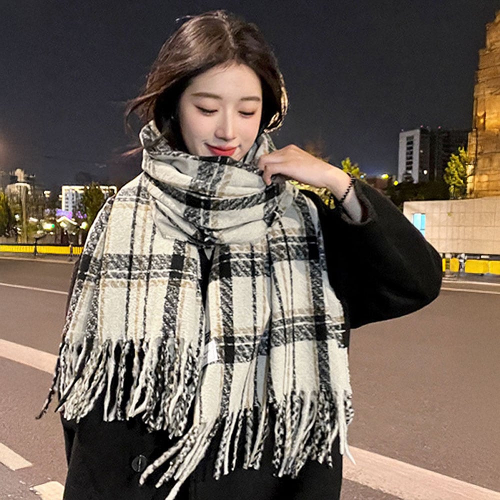 チェック柄 大判 フリンジマフラー レディース 秋冬 韓国 マフラー