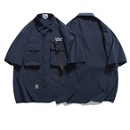 utility shirt with belt short sleeve button-down patch pocket ◇2color H0433