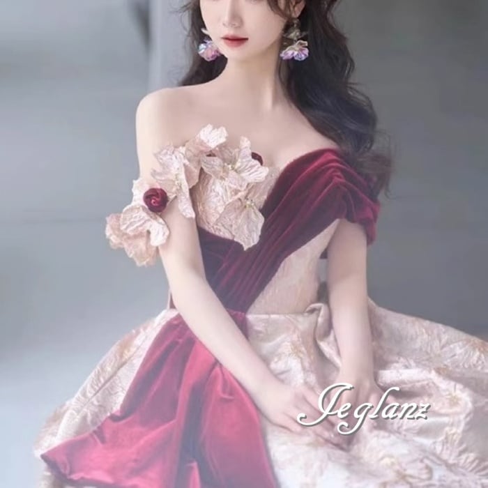 パーティ イブニングドレス オフショル 立体フラワー 背中 編み上げ ♪(M7091)ζ