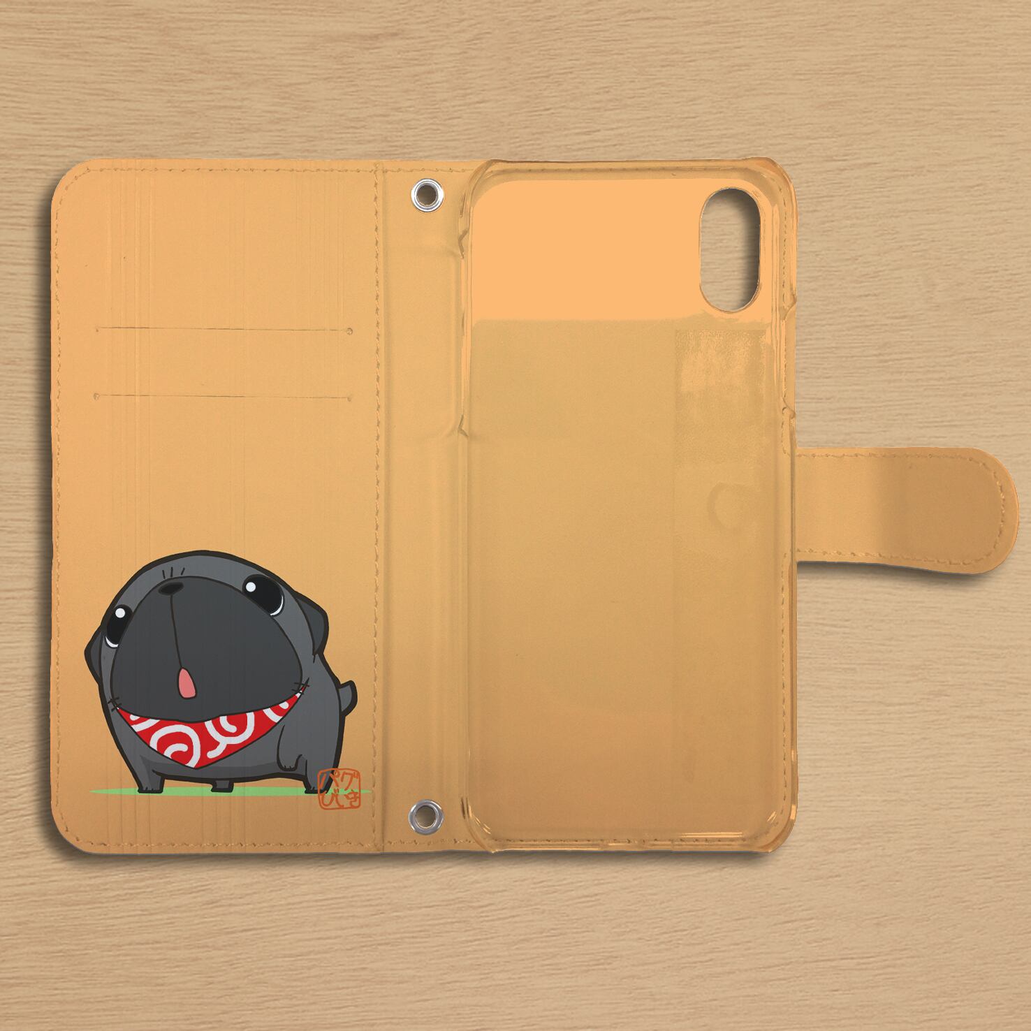 スタンド付き 両面印刷 手帳型 iphoneケース パグカップ（黒パグ）