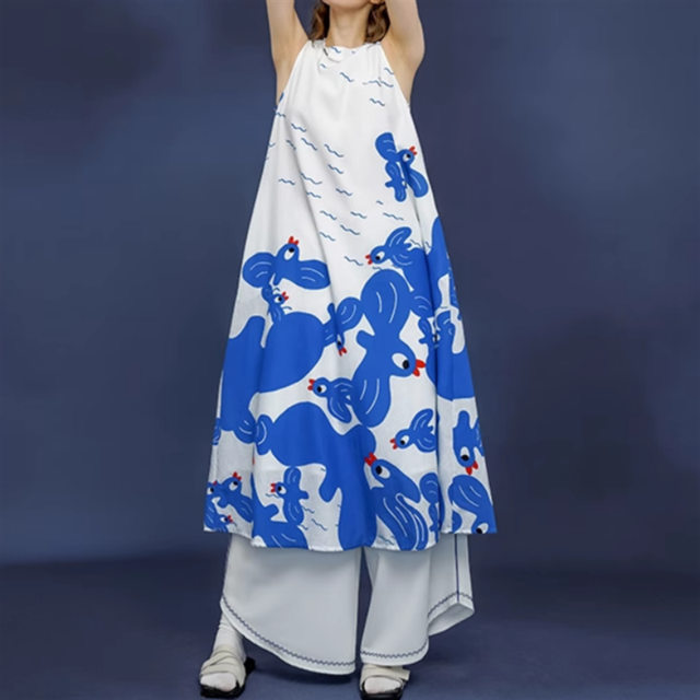 バードプリントノースリーブワンピース　10886