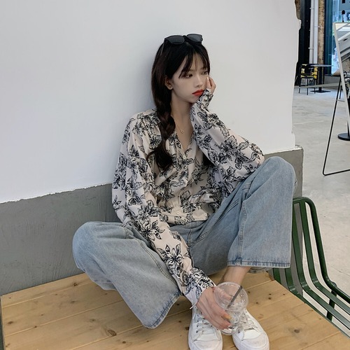 ✞ Vネック花柄スタンダード着物風♡ショートシャツブラウス ロング レトロ スウィート ✞ゴスロリ SM ミリ 甘ロリ クラロリ 和ロリ エレガント 黒ロリ 姫ロリ 華ロリ BB-BB35200418837