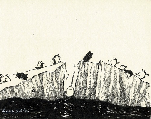 引き裂かれた流氷とペンギン