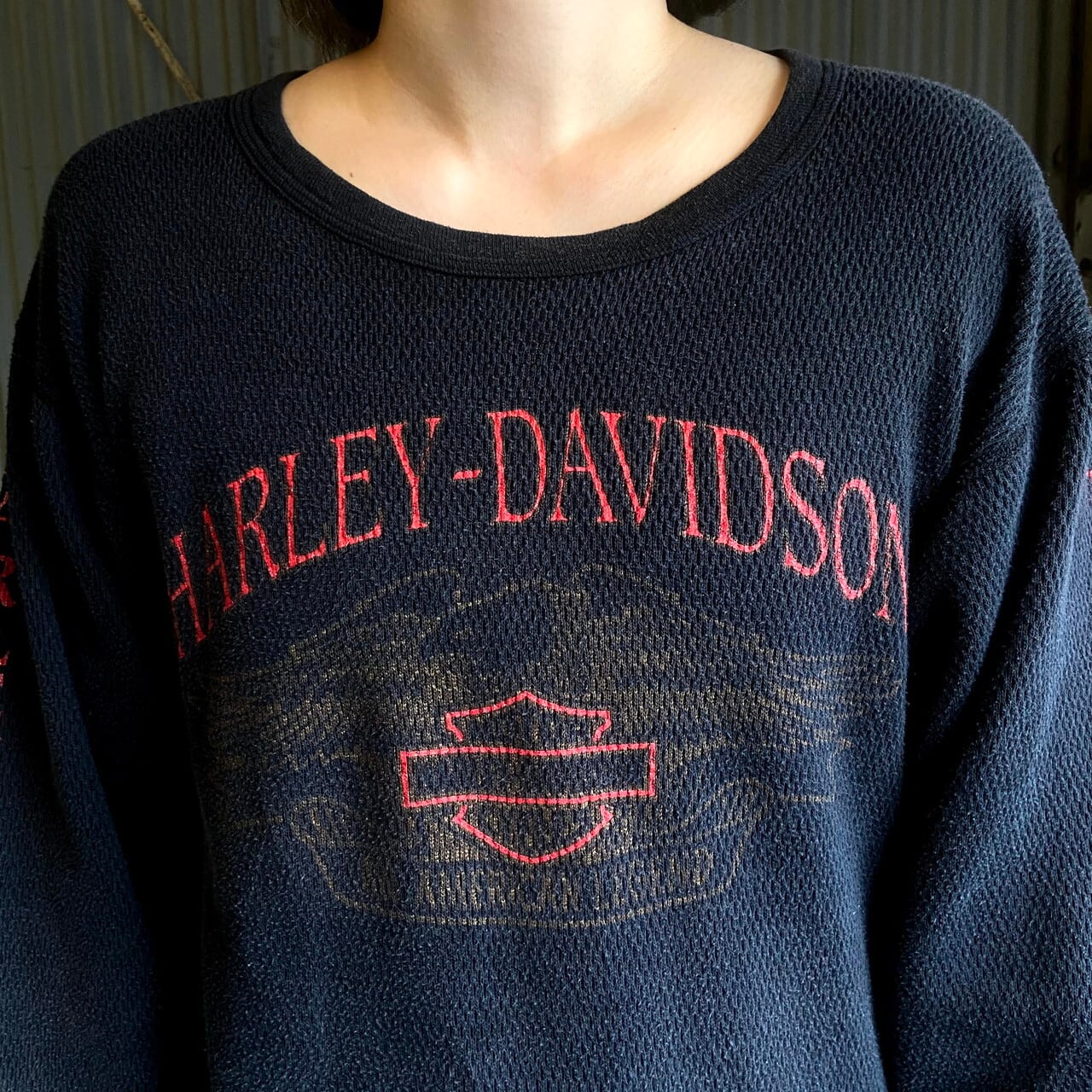 US ハーレーダビッドソン HARLEY-DAVIDSON Tシャツ 半袖 総柄 プリント サイズ：メンズ S ブラック