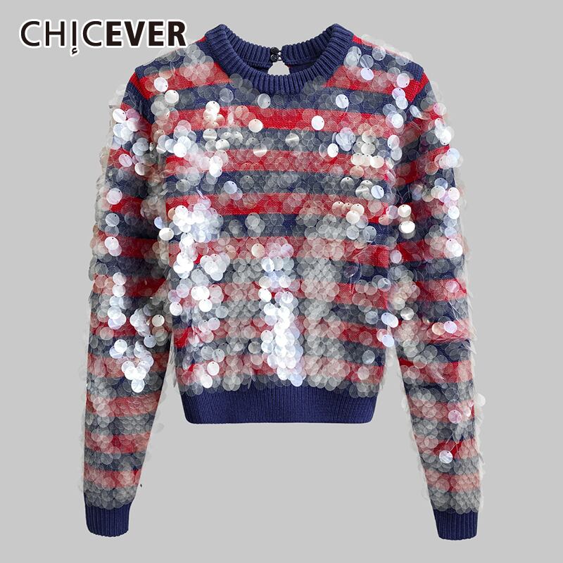 CHICEVERパッチワークスパンコールニットプルオーバーレディースOネック長袖ストライプヒットカラーセーター ロング 6base598263766622