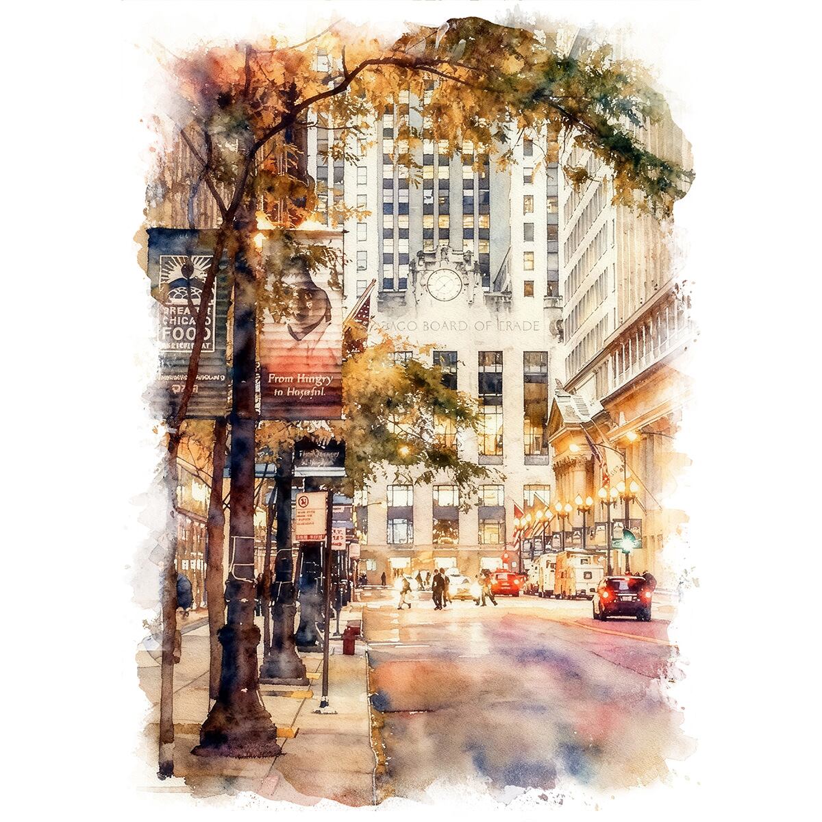 絵画 アメリカ 風景画(街並み) シカゴ ラサールストリート インテリアアート額付き 水彩画・油絵調 WAT0312