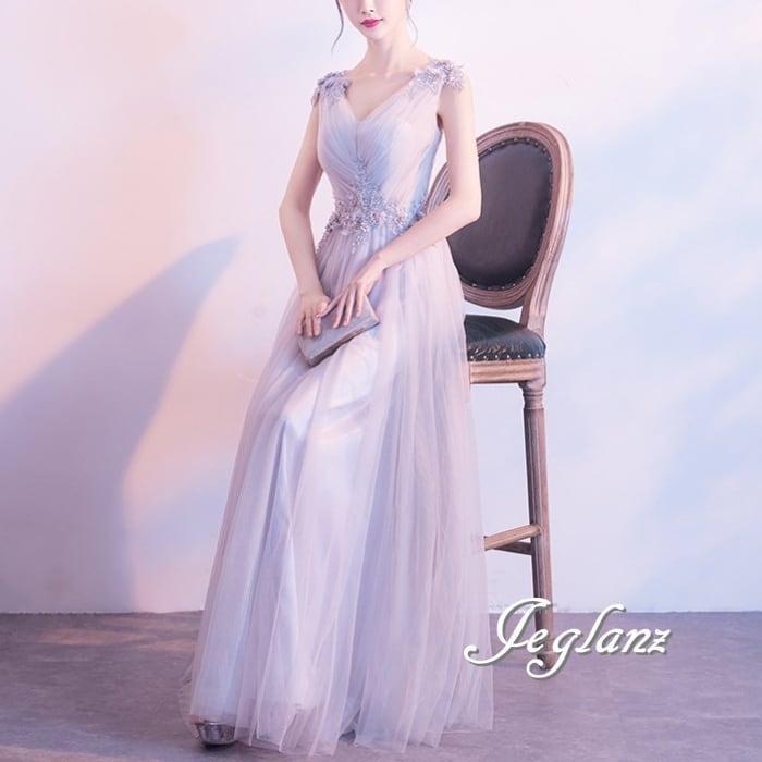 パーティ イブニングドレス 背中 編み上げ チュール 花モチーフ(M6727)ζ