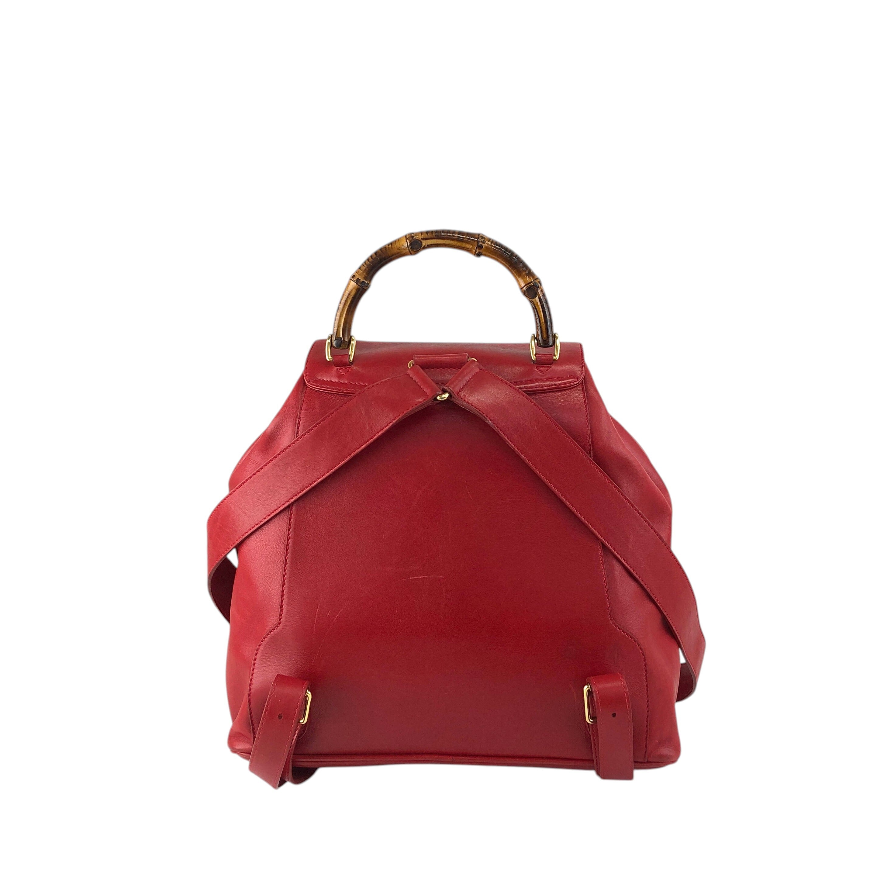 GUCCI グッチ バックパック レッド バンブー レザー ダブルポケット