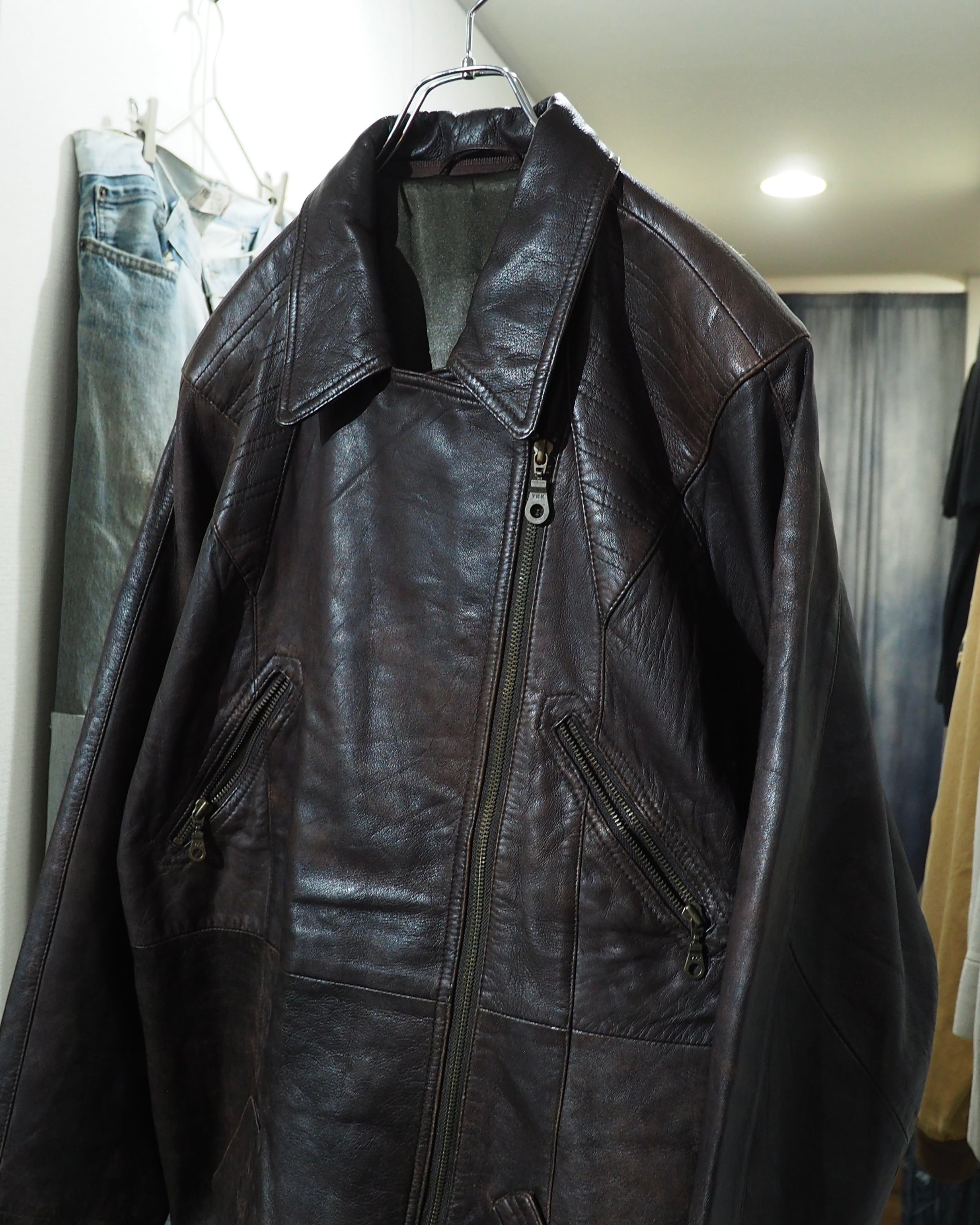 1990s " 変形 " Diagonal Zipper Design Vintage Lamb Leather Jacket