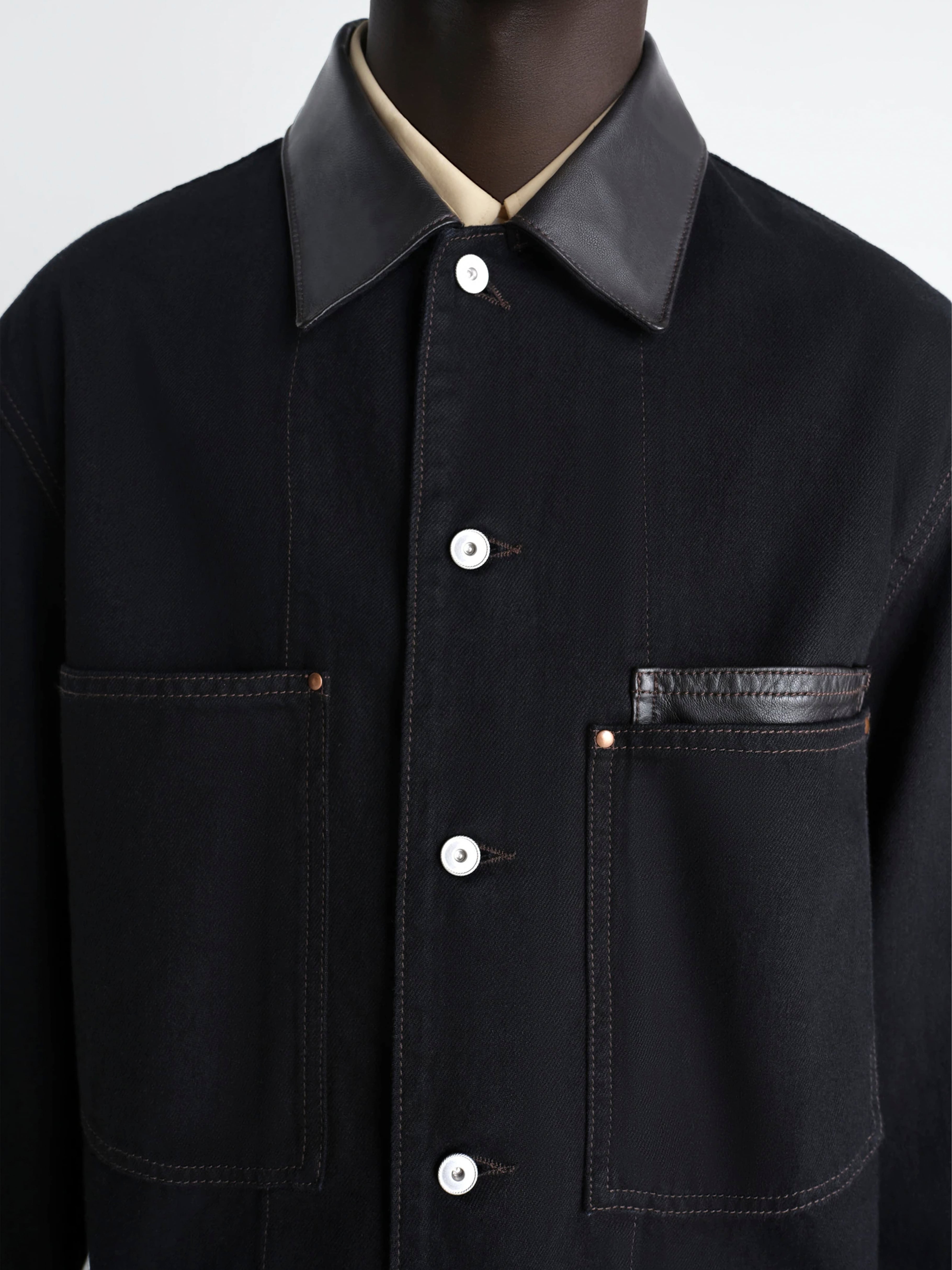 LEMAIRE WORKWEAR OVERSHIRT WITH LEATHER COLLAR BLACK SH1261 LD1071
