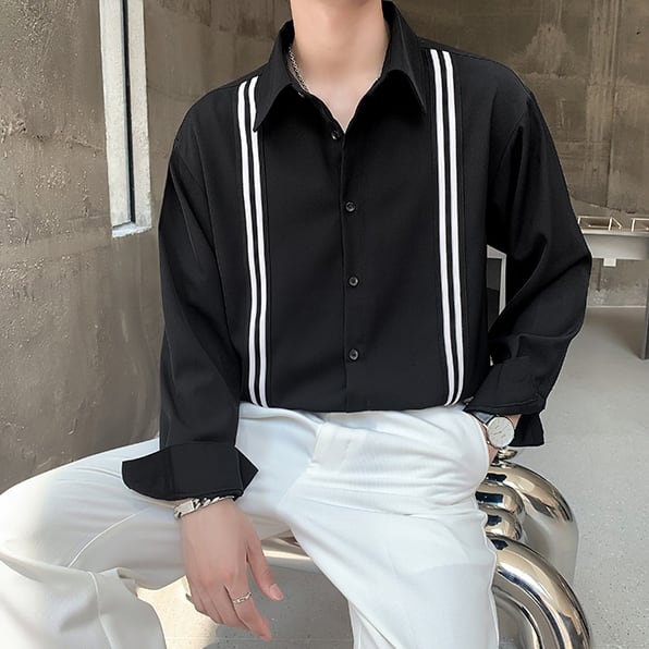 【予約販売】シャツ 長袖 シンプル 無地 ライン ベーシック モノトーン メンズ ホワイト ブラック カジュアル シック こなれ感 お洒落 韓国 トレンド 春 秋 M/L/XL